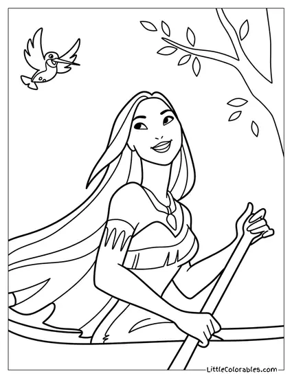Pocahontas Rowing in a Canoe with Flit Coloring Page
