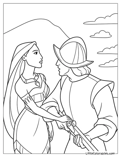 Pocahontas Stopping Captain John Smith From Shooting Coloring Page