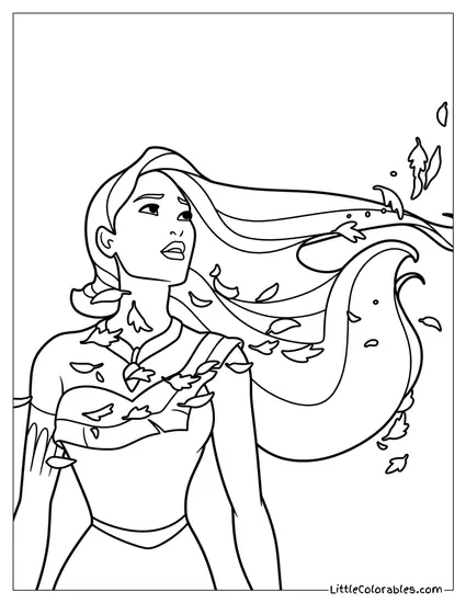 Pocahontas with Leaves in Hair and Wind Coloring Page
