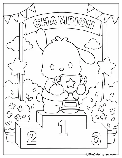 Pochacco at a Trophy Stand Holding a Gold Cup Coloring Page