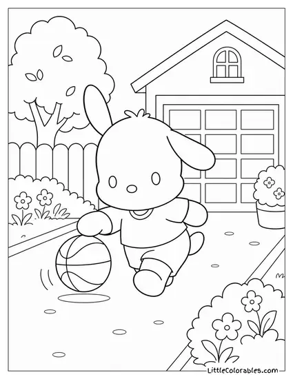 Pochacco Bouncing a Basketball in a Driveway Coloring Page