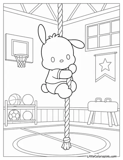 Pochacco Climbing a Rope in a Small Gymnasium Coloring Page