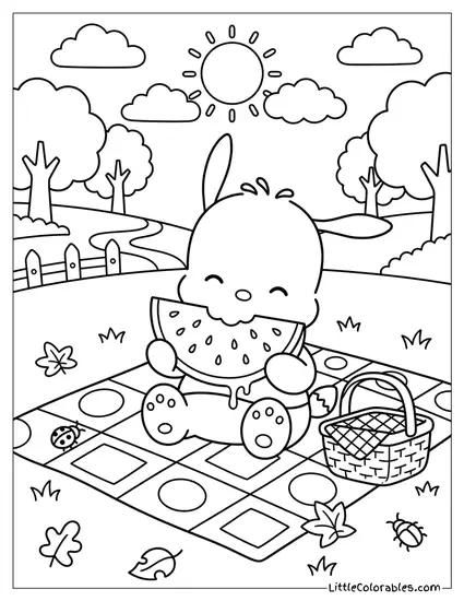 Pochacco Eating a Juicy Watermelon Slide Coloring Page