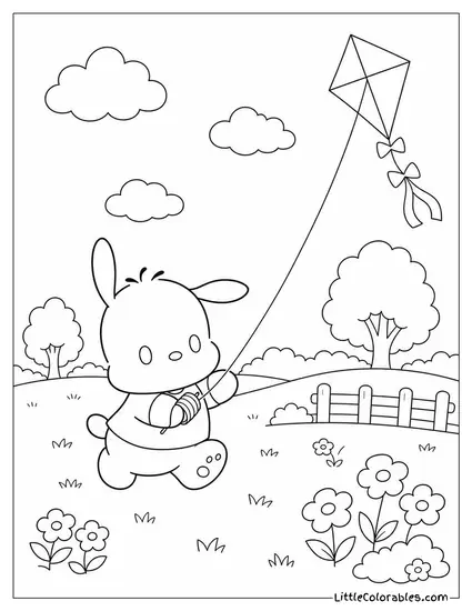Pochacco Flying a Kite in an Open Field Coloring Page