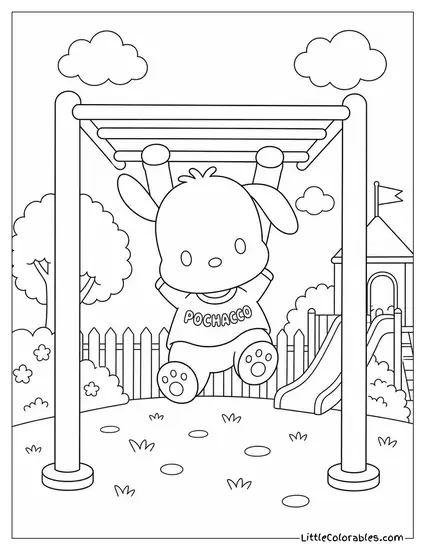 Pochacco Hanging from Monkey Bars at a Playground Coloring Page