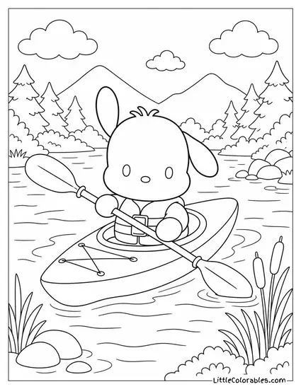 Pochacco in a Kayak Paddling Through Calm Water Coloring Page
