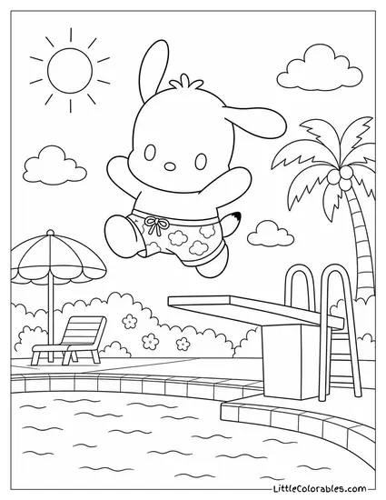 Pochacco in Swim Trunks Jumping Off a Diving Board Coloring Page