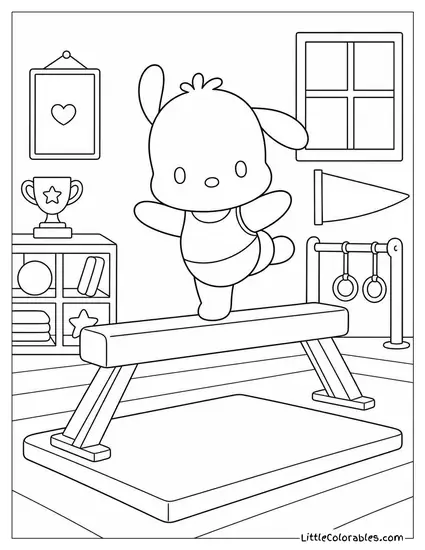 Pochacco on a Balance Beam in a Small Gym Coloring Page