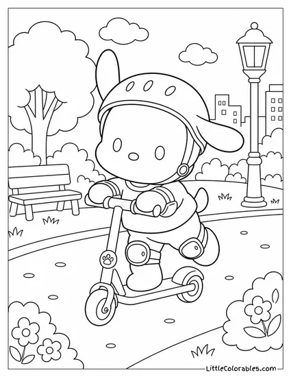 Pochacco on a Scooter with a Helmet and Knee Pads Coloring Page