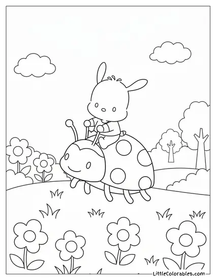 Pochacco Riding a Giant Ladybug Coloring Page