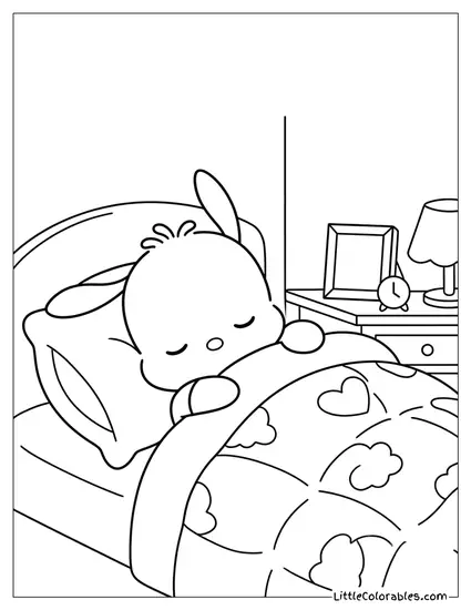Pochacco Sleeping in a Cozy Bed Coloring Page