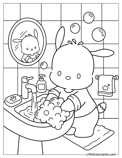 Pochacco Washing His Hands with Soap Coloring Page