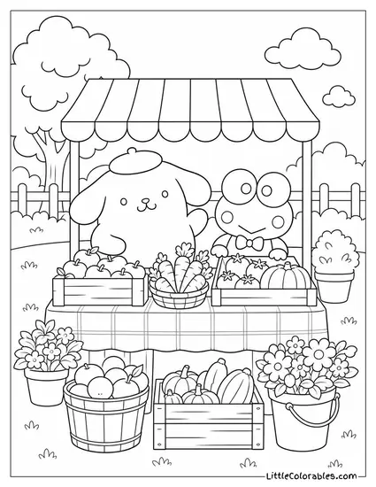 Pompompurin and Keroppi at a Farmers Market Stall Coloring Page