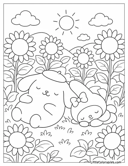 Pompompurin and My Melody Asleep in a Field of Sunflowers Coloring Page