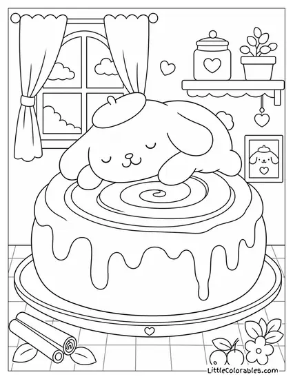 Pompompurin Asleep on a Giant Cinnamon Roll Coloring Page