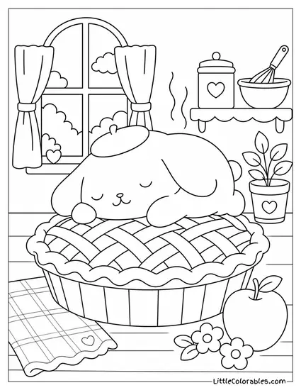 Pompompurin Asleep on Top of a Warm Pie Coloring Page
