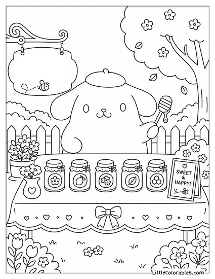 Pompompurin at a Honey Tasting Table with Tiny Jars Coloring Page
