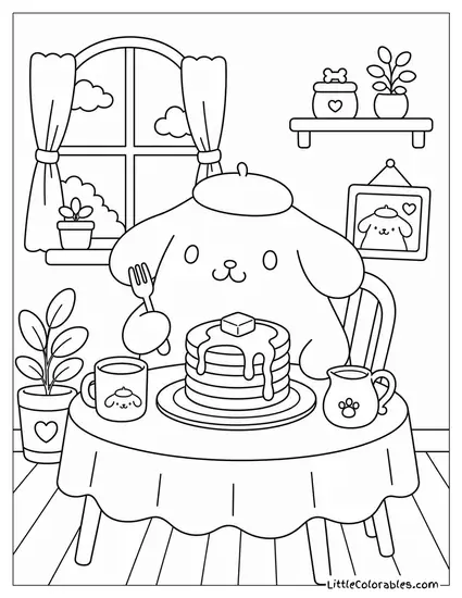 Pompompurin at a Tiny Breakfast Table with Pancakes Coloring Page
