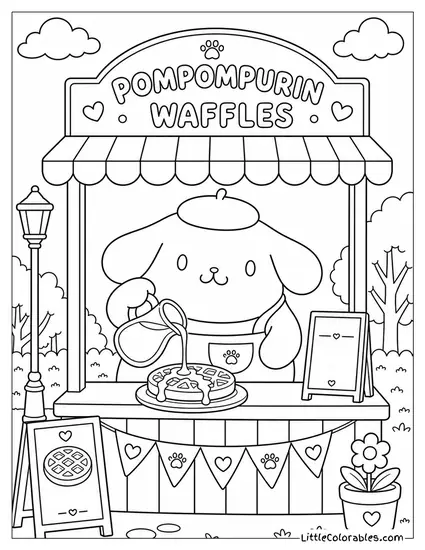 Pompompurin at a Waffle Stand with Syrup Drizzling Coloring Page