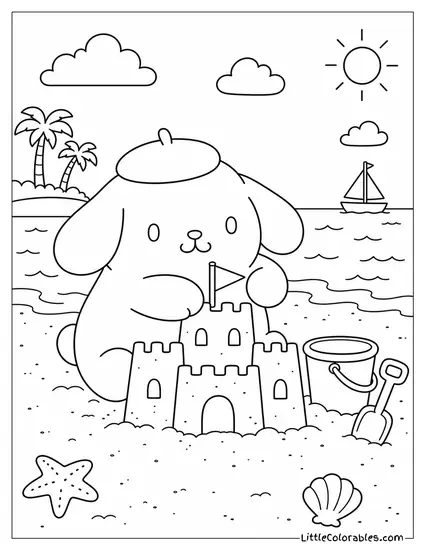Pompompurin Building a Sandcastle on the Beach Coloring Page