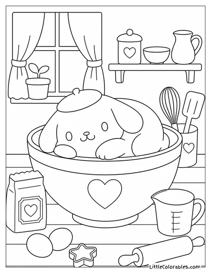 Pompompurin Curled Up Inside a Large Mixing Bowl Coloring Page