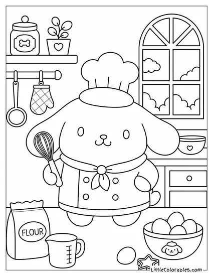 Pompompurin Dressed as a Tiny Chef with a Whisk Coloring Page