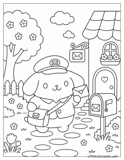 Pompompurin Dressed as a Tiny Mail Carrier Coloring Page