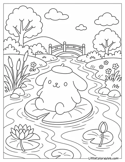 Pompompurin Floating Downstream on a Lily Pad Coloring Page