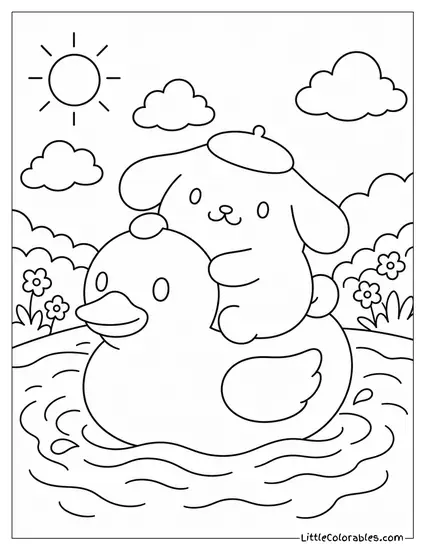 Pompompurin Floating on a Yellow Rubber Duck Coloring Page
