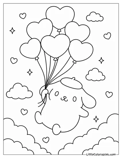 Pompompurin Floating with Yellow Heart Balloons Coloring Page