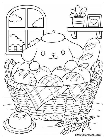 Pompompurin in a Basket of Warm Bread Rolls Coloring Page