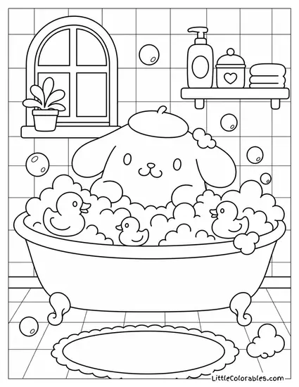 Pompompurin in a Bubble Bath with Rubber Ducks Coloring Page