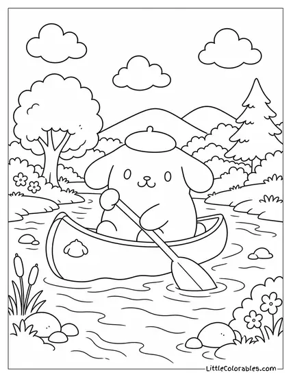 Pompompurin in a Canoe on a Gentle River Coloring Page