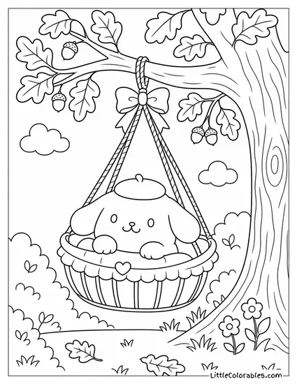 Pompompurin in a Cradle Hanging from an Oak Tree Coloring Page