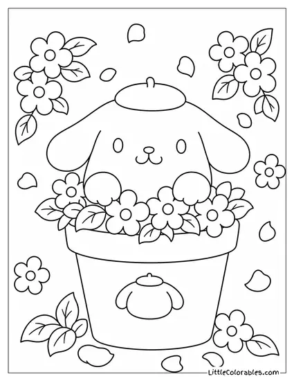 Pompompurin in a Flower Pot with Petals Around Him Coloring Page