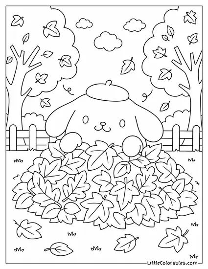 Pompompurin in a Pile of Autumn Leaves Coloring Page