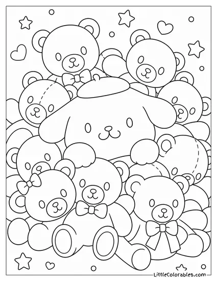 Pompompurin in a Pile of Plush Teddy Bears Coloring Page