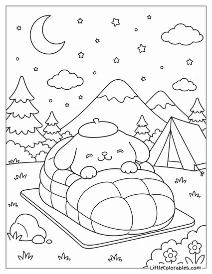 Pompompurin in a Sleeping Bag Under the Stars Coloring Page