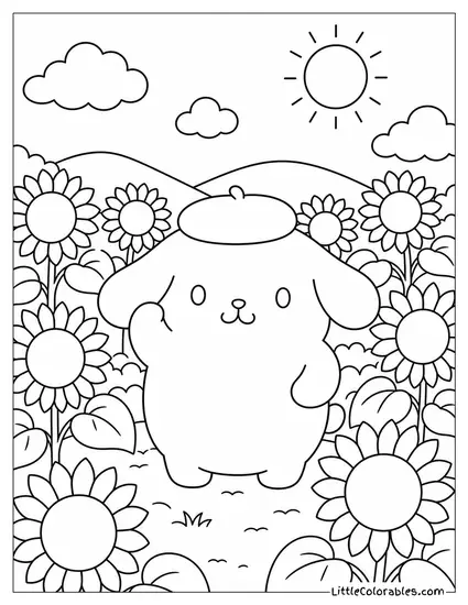 Pompompurin in a Sunflower Field Wearing His Beret Coloring Page
