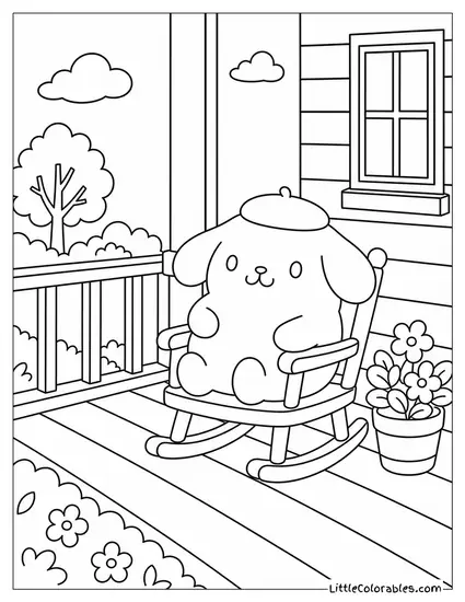 Pompompurin in a Tiny Rocking Chair on a Porch Coloring Page