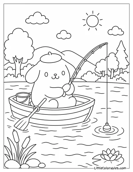 Pompompurin in a Tiny Rowboat Fishing with a Rod Coloring Page