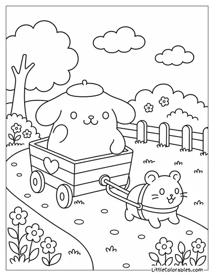Pompompurin in a Wagon Pulled by a Tiny Hamster Coloring Page