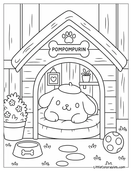 Pompompurin Inside a Cozy Wooden Dog Kennel Coloring Page