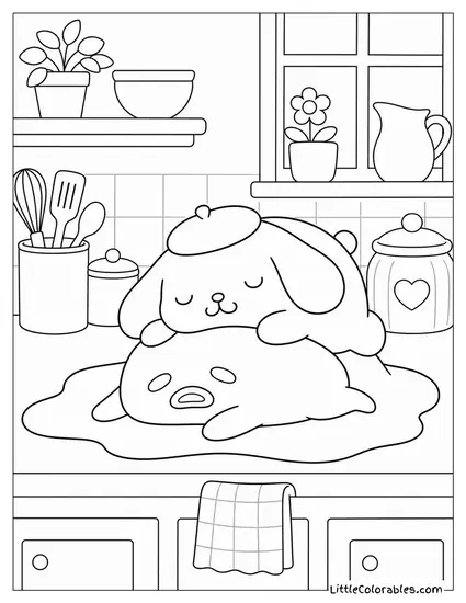 Pompompurin Napping on Gudetama on a Warm Kitchen Counter Coloring Page