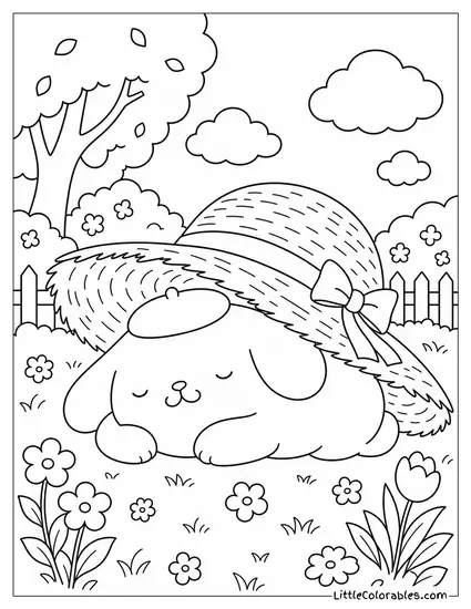Pompompurin Napping Under a Large Straw Hat Coloring Page