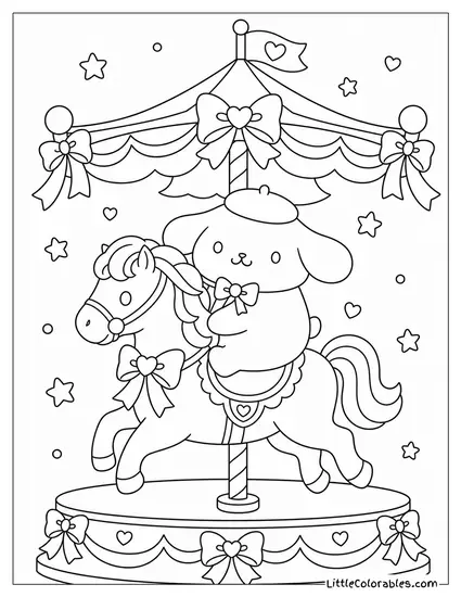 Pompompurin on a Carousel Horse with Yellow Ribbons Coloring Page
