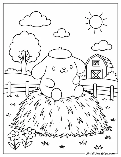 Pompompurin on a Haystack in a Sunny Field Coloring Page