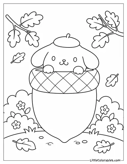 Pompompurin Peeking Out of a Giant Acorn Coloring Page