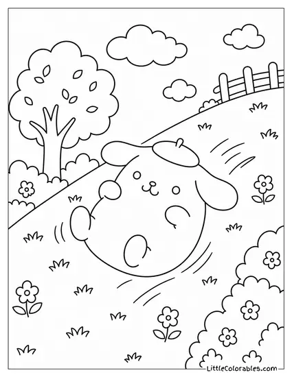 Pompompurin Rolling Down a Grassy Hill Coloring Page