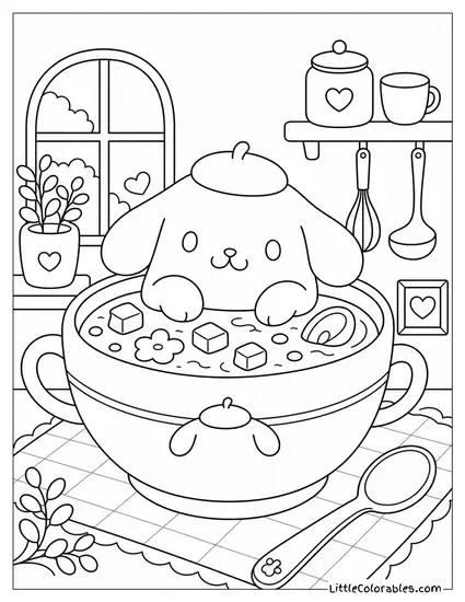 Pompompurin Sitting in a Giant Soup Bowl Coloring Page